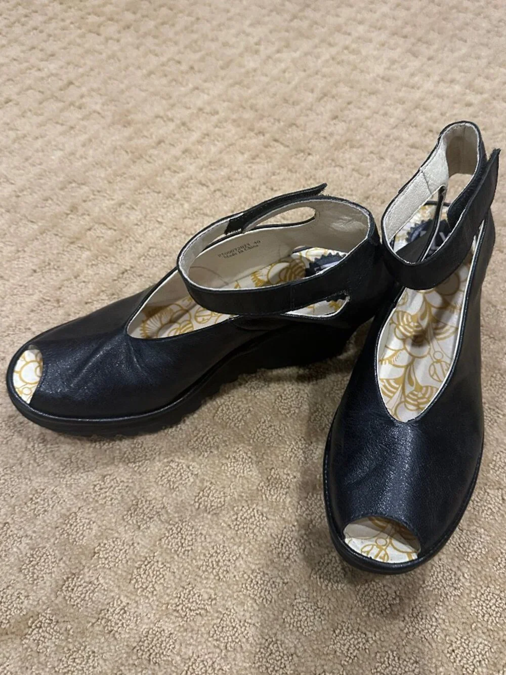 Fly London Ankle Wrap Slingback Peep Toe Black Mousse Chunky Wedge Sandals SZ 40